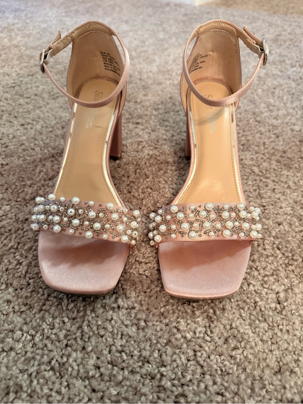 Elegant Pearl-Embellished Pink Block Heel